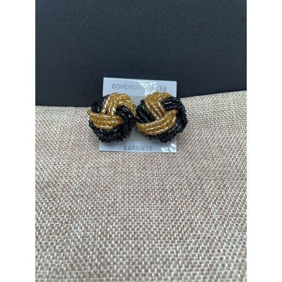 Bohemian Crystal Clip On Earrings Black Hold Knot Style - Picture 3 of 4
